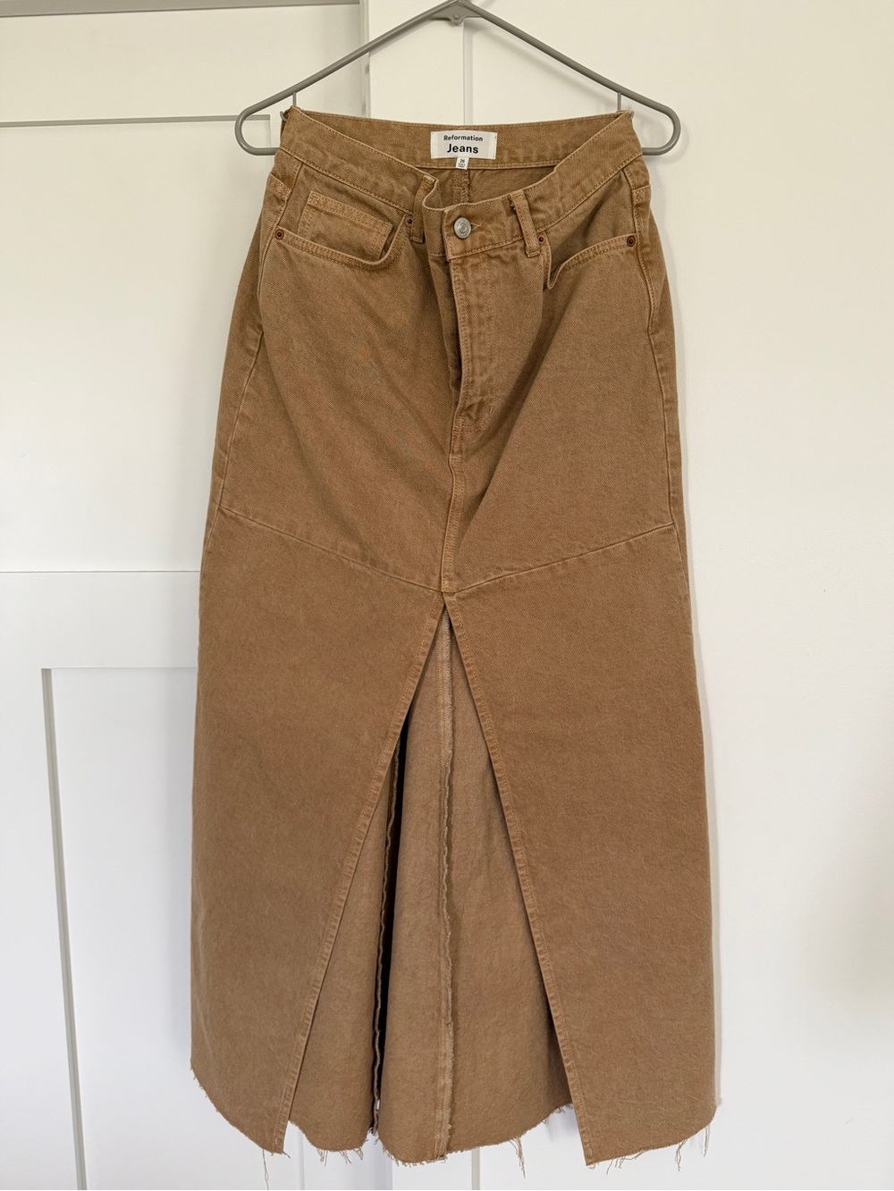 Reformation Camel Denim Maxi Skirt with Front Slit